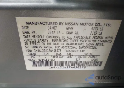 2007 Nissan Altima 2.5 S z USA, uszkodzony, nr VIN 1N4AL21E17N456576